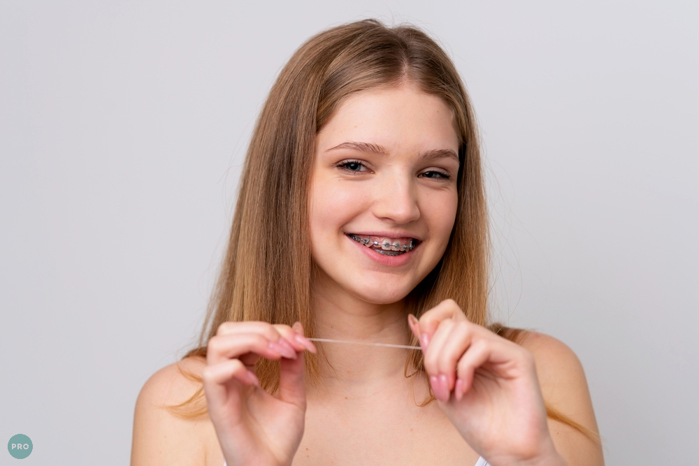 teenager russian girl with metal braces and floss isolated white background - How to Floss with Braces in Manassas, VA